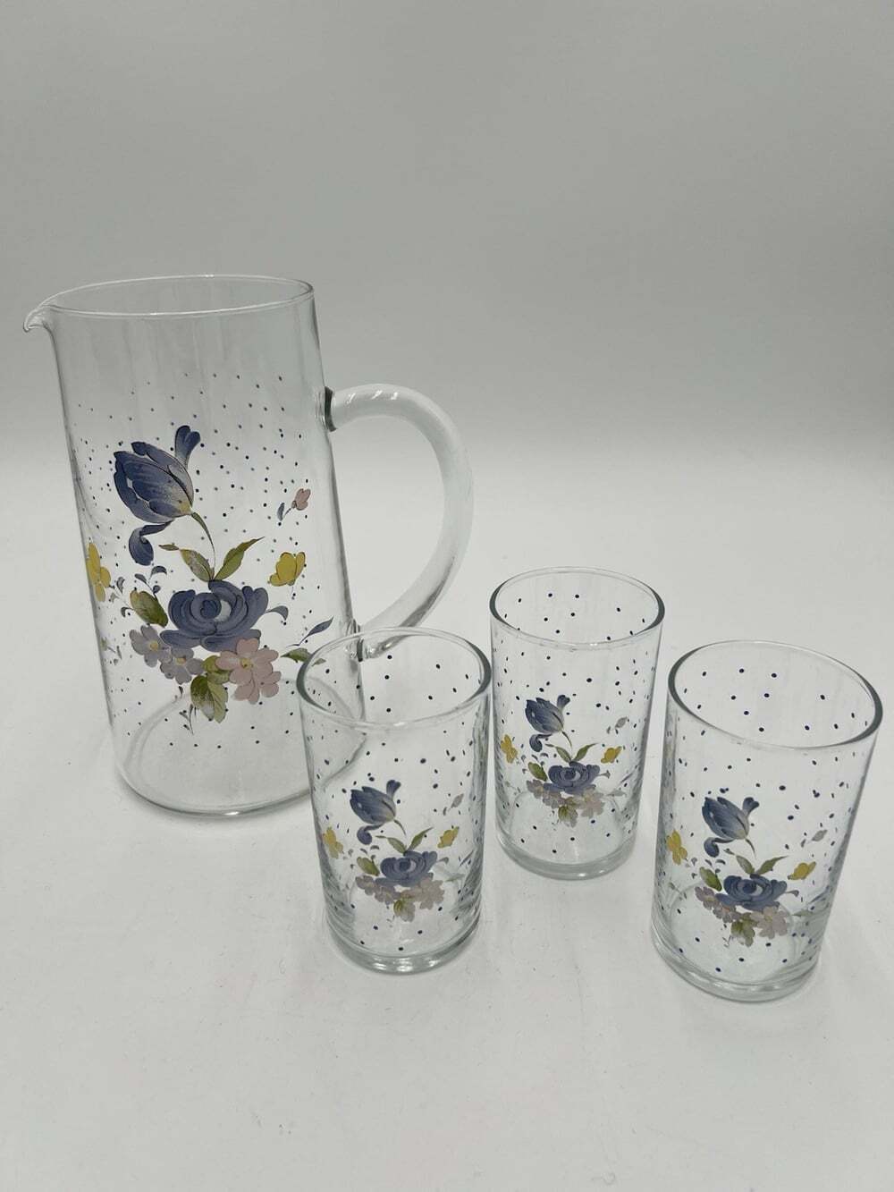 Vintage Libbey Peony Glass Pitcher 40 Oz + 3 Juice Glasses Blue Floral Set